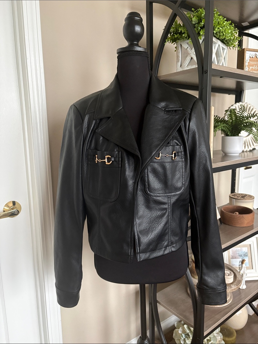 Black Faux Leather Jacket with Gold-Tone Horsebit Details